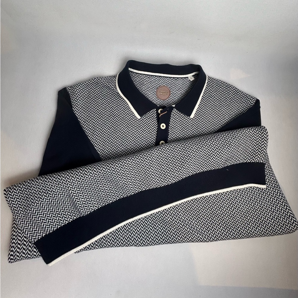 Blue and White Polo Shirt with Geometric Pattern - Picture 8 of 12